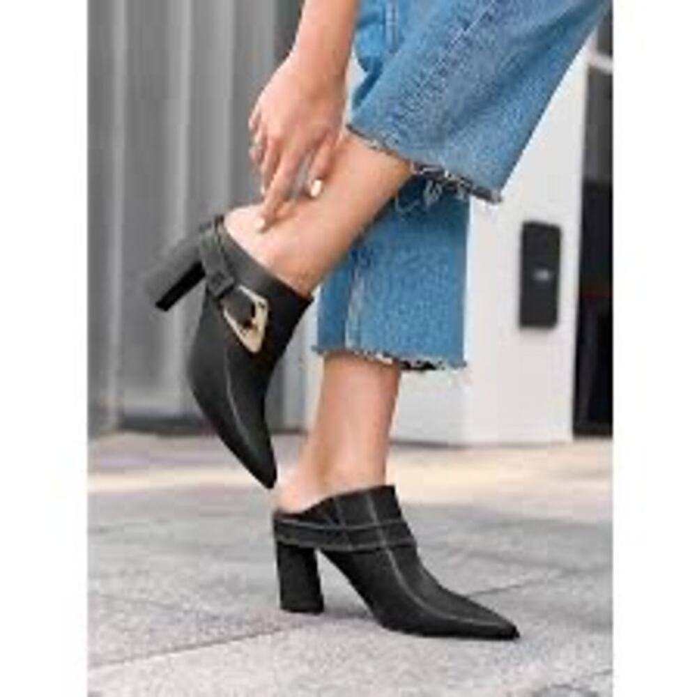 Coutgo Womens Mules Chunky Stacked Heel Pointed Toe Booties Slip On Dress Buckle